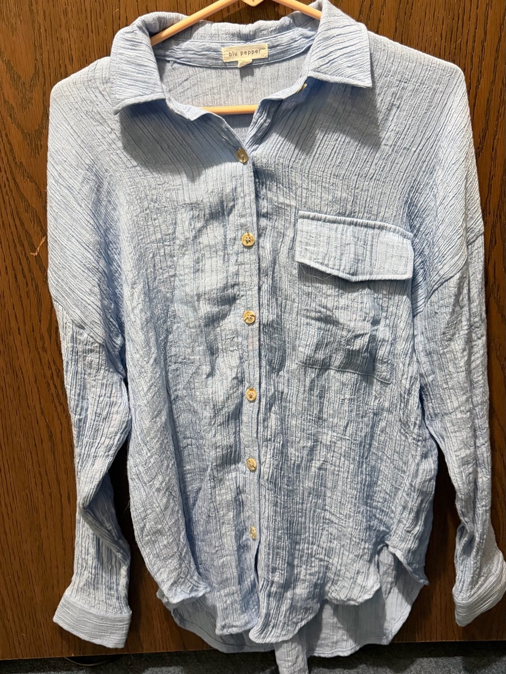Blu Pepper Light Blue Crinkle Button-Down Shirt for Women’s